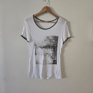 Garage White and Black Ringer Graphic tee with birds sky scenery XS
